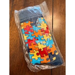 Autism Awareness Puzzle Piece Pattern Crew Socks Navy Blue Multicolor Adult